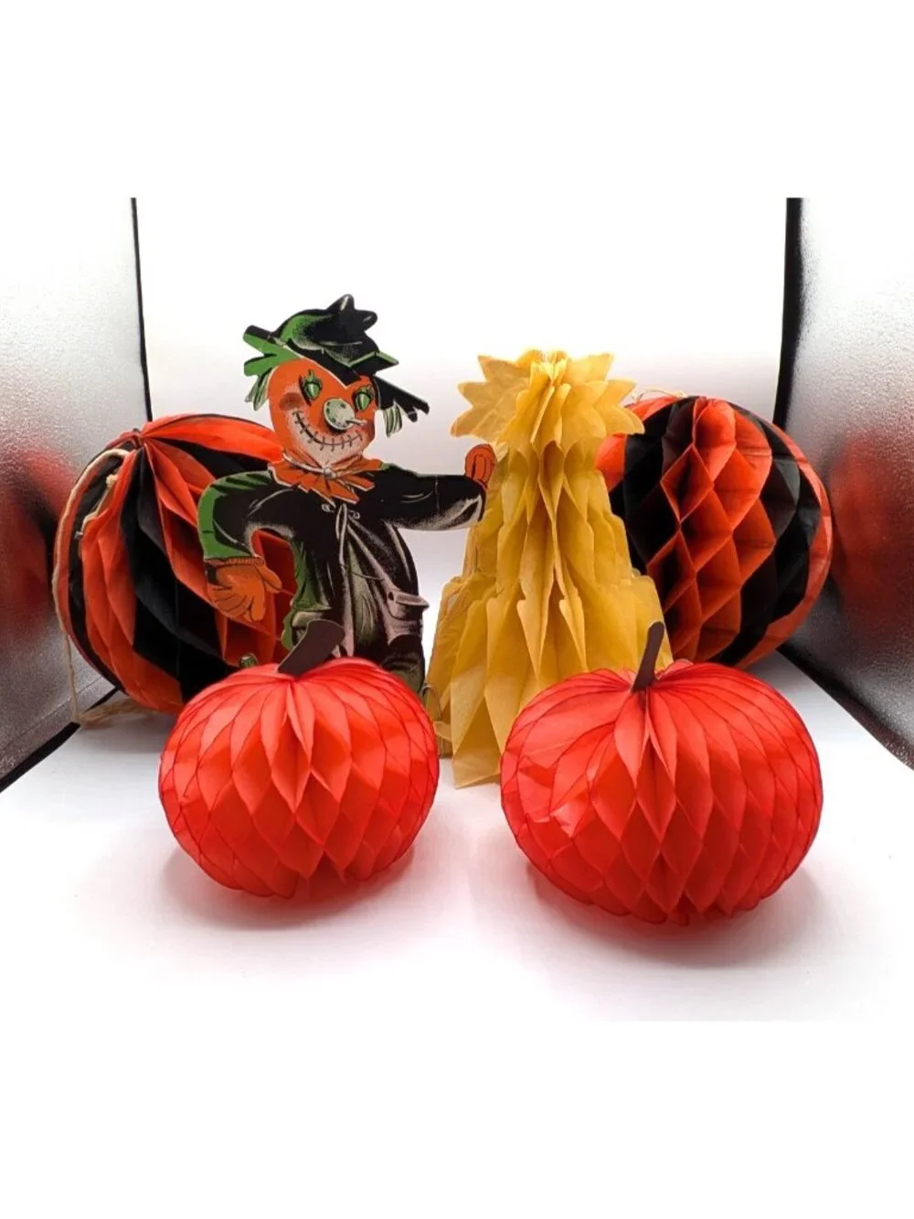 Vintage Cardboard Die Cut Scarecrow Honeycomb Pumpkin Decoration Lot Halloween